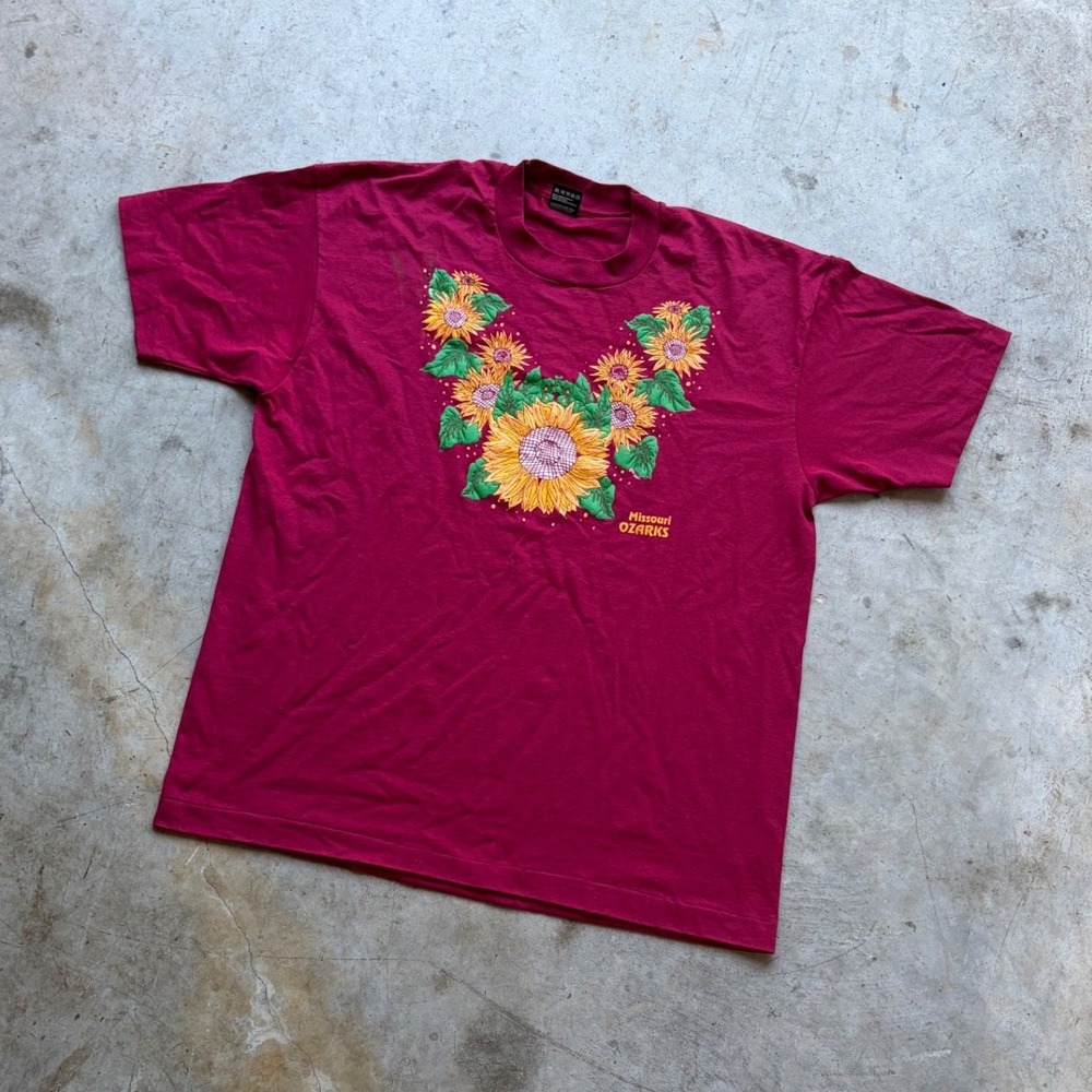 Vintage 90s Missouri Ozarks Sunflower T Shirt XL Maroon Single Stitch USA Made